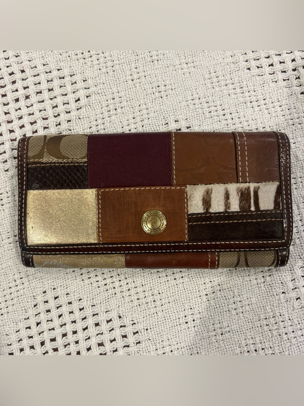 Coach Patchwork Leather & Fabric Trifold Wallet - cow print Merlot